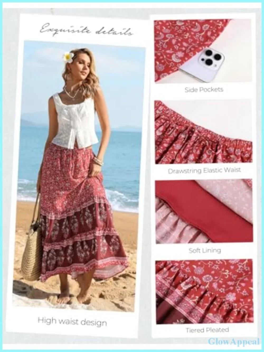 Floral Tiered Maxi Skirt with Pockets, A-Line High Rise, Summer Beach Vacation